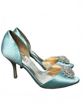 Badgley Mischka Blue Satin Rhinestone Heels Peep Toe D’Orsay Pumps Size 9.5